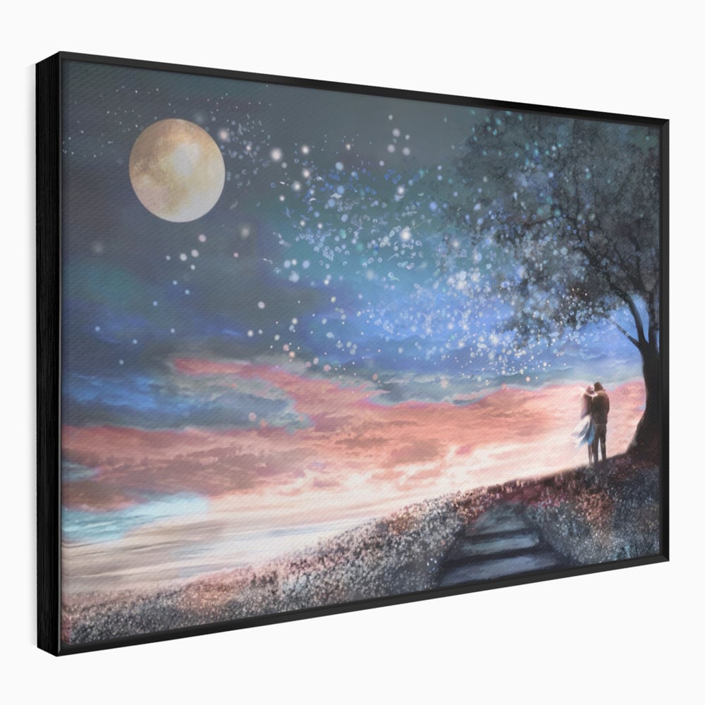 Tablou canvas cu ilustratie cuplu sub cer instelat, in rama de aluminiu negru